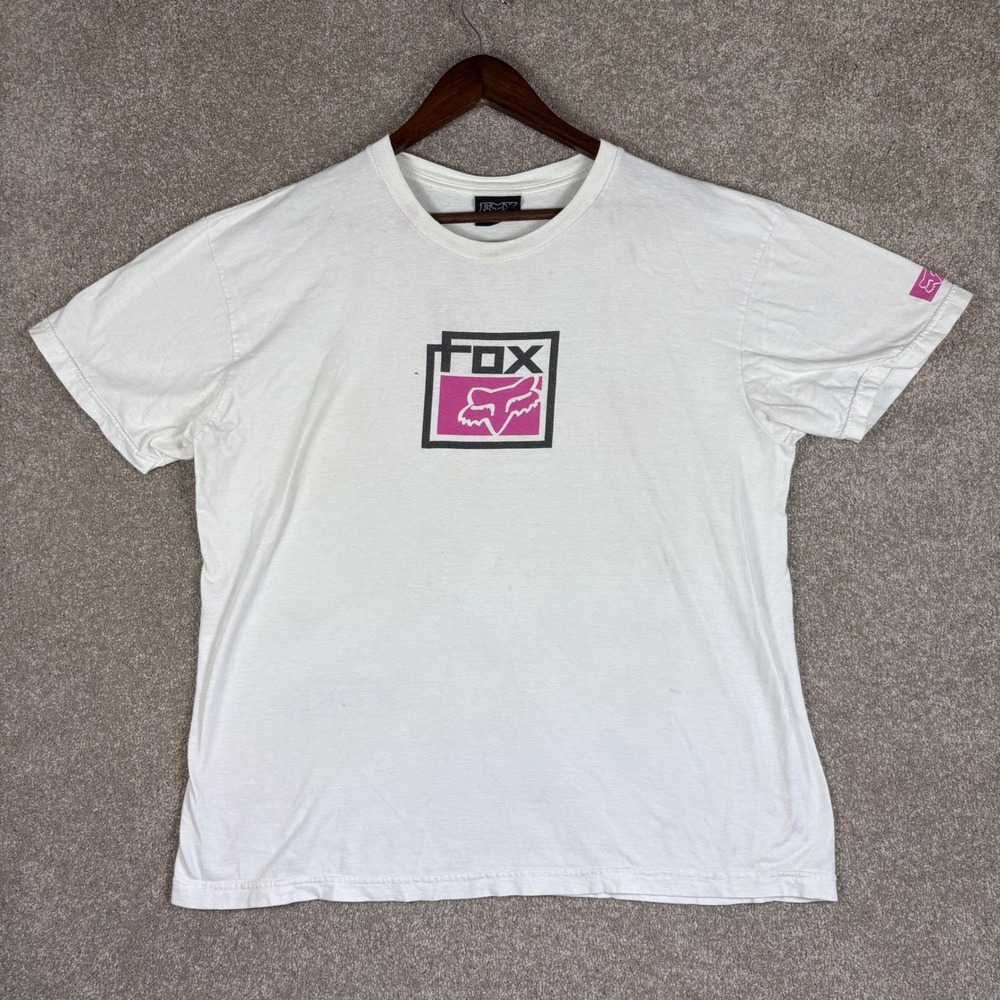 Vintage Fox Racing T-Shirt Mens XL White Pink Box Logo Motocross Streetwear